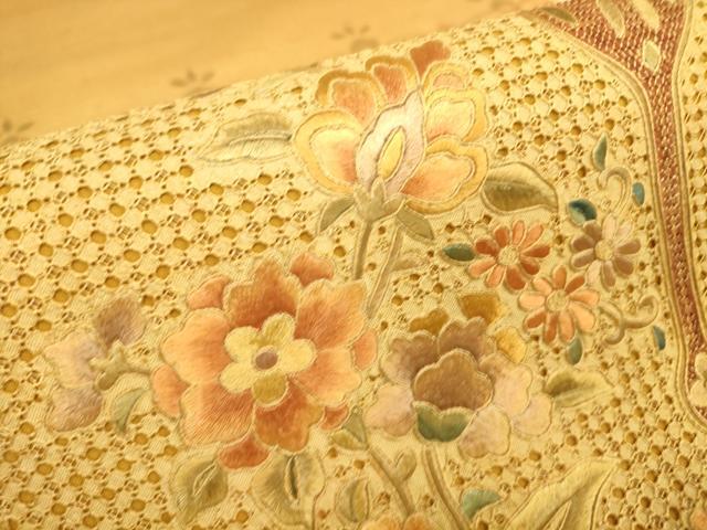 平和屋着物●中国三大刺繍　スワトウ刺繍　汕頭刺繍　総刺繍　太鼓柄袋帯　紬地　草花文　正絹　逸品　DABJ1700az