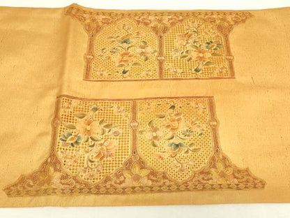 平和屋着物●中国三大刺繍　スワトウ刺繍　汕頭刺繍　総刺繍　太鼓柄袋帯　紬地　草花文　正絹　逸品　DABJ1700az