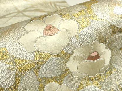 平和屋着物▼佐賀錦　総刺繍　太鼓柄袋帯　駒刺繍　草花文　金銀彩　正絹　逸品　DABJ1694az