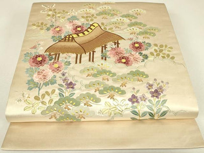 平和屋着物▼総刺繍　駒刺繍　太鼓柄袋帯　茶屋辻風景花文　金糸　正絹　逸品　DABJ1784az