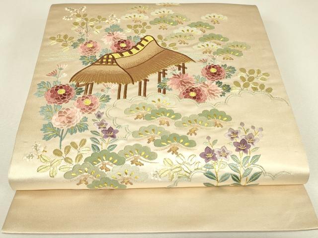 平和屋着物▼総刺繍　駒刺繍　太鼓柄袋帯　茶屋辻風景花文　金糸　正絹　逸品　DABJ1784az