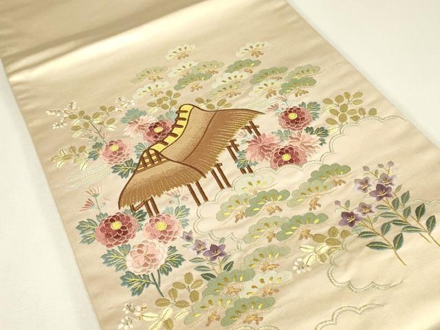 平和屋着物▼総刺繍　駒刺繍　太鼓柄袋帯　茶屋辻風景花文　金糸　正絹　逸品　DABJ1784az