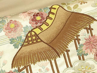 平和屋着物▼総刺繍　駒刺繍　太鼓柄袋帯　茶屋辻風景花文　金糸　正絹　逸品　DABJ1784az