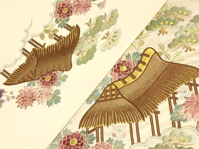 平和屋着物▼総刺繍　駒刺繍　太鼓柄袋帯　茶屋辻風景花文　金糸　正絹　逸品　DABJ1784az