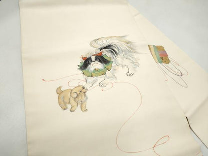 平和屋着物●塩瀬　九寸名古屋帯　作家物　手描き　犬　正絹　逸品　CABL9999hy