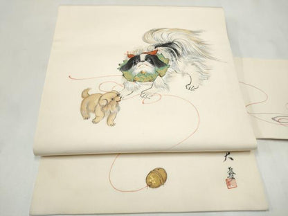 平和屋着物●塩瀬　九寸名古屋帯　作家物　手描き　犬　正絹　逸品　CABL9999hy