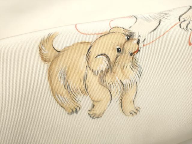 平和屋着物●塩瀬　九寸名古屋帯　作家物　手描き　犬　正絹　逸品　CABL9999hy