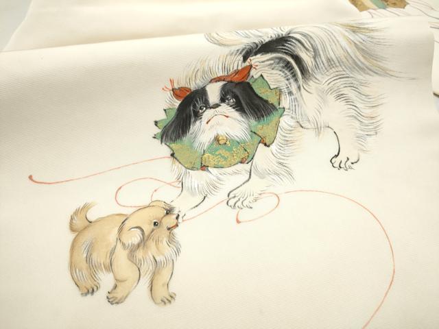 平和屋着物●塩瀬　九寸名古屋帯　作家物　手描き　犬　正絹　逸品　CABL9999hy