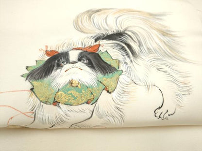 平和屋着物●塩瀬　九寸名古屋帯　作家物　手描き　犬　正絹　逸品　CABL9999hy