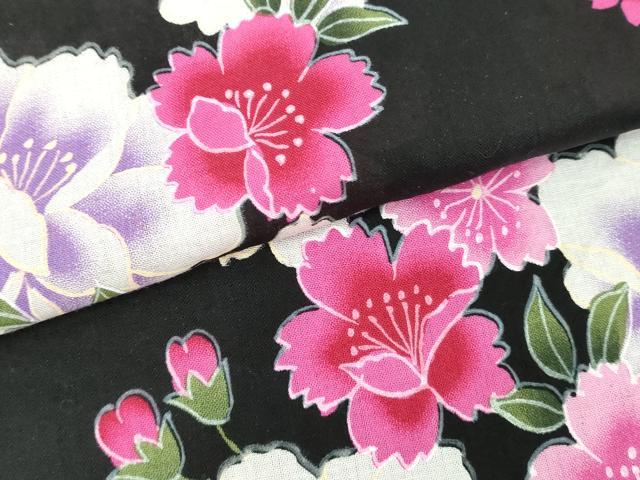 平和屋着物∴夏物　浴衣　舞桜文　黒地　綿　逸品　DABK1113cd