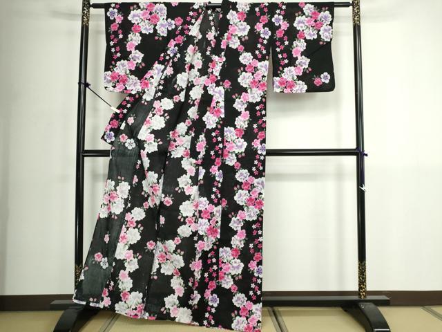 平和屋着物∴夏物　浴衣　舞桜文　黒地　綿　逸品　DABK1113cd