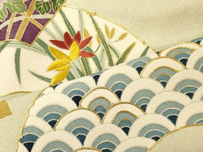 平和屋着物■訪問着　駒刺繍　地紙重ね草花文　金糸　正絹　逸品　CABM0844oy
