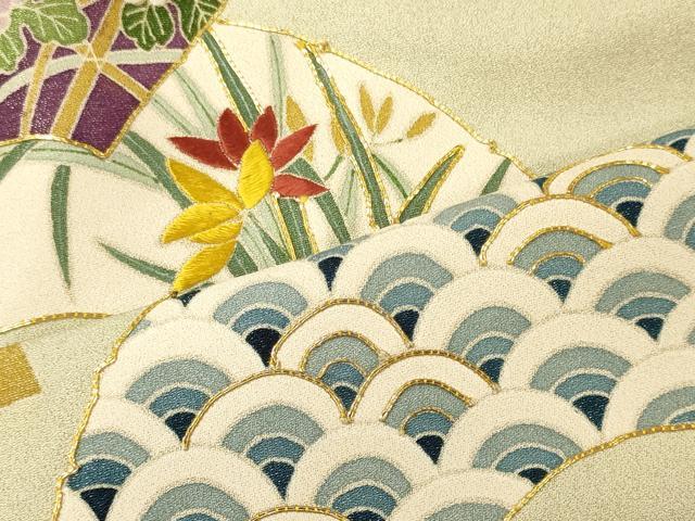 平和屋着物■訪問着　駒刺繍　地紙重ね草花文　金糸　正絹　逸品　CABM0844oy