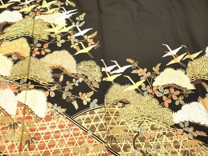 平和屋着物■豪華黒留袖　駒刺繍　籬飛鶴松文　金銀彩　正絹　逸品　CABM0882oy