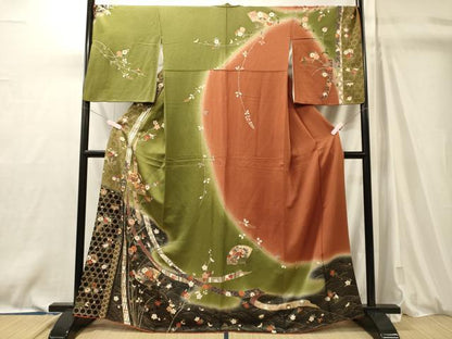 平和屋着物■訪問着　駒刺繍　流水扇面花文　暈し染め　金彩　正絹　逸品　CABM0890oy