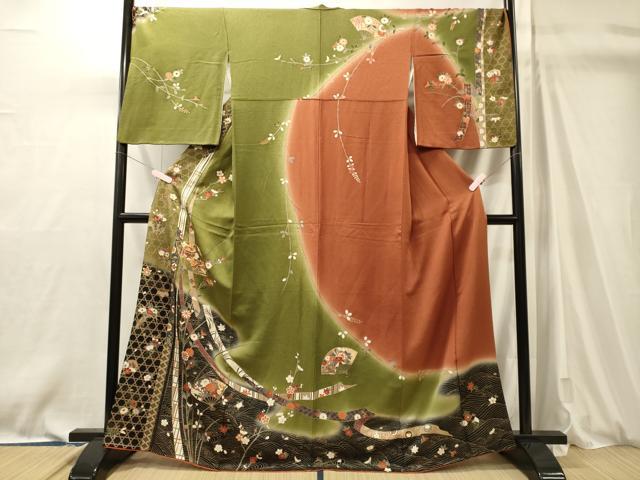 平和屋着物■訪問着　駒刺繍　流水扇面花文　暈し染め　金彩　正絹　逸品　CABM0890oy