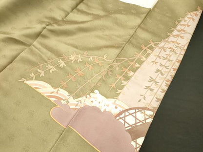 平和屋着物■西陣　京の名門　じゅらく謹製　色留袖　駒刺繍　枝垂れ柳　金彩　正絹　逸品　CABM0864oy