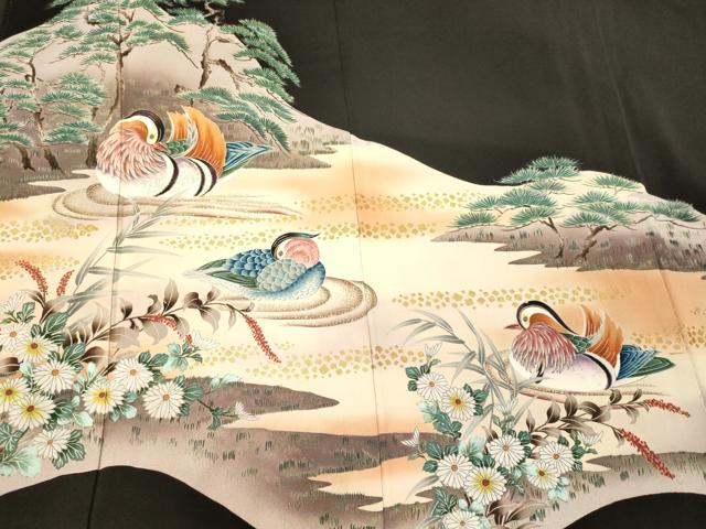 平和屋着物■豪華黒留袖　鴛鴦花枝松文　暈し染め　金彩　正絹　逸品　CABM0879oy