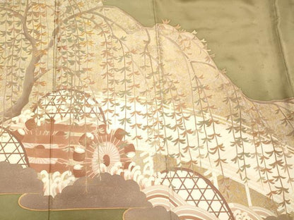 平和屋着物■西陣　京の名門　じゅらく謹製　色留袖　駒刺繍　枝垂れ柳　金彩　正絹　逸品　CABM0864oy