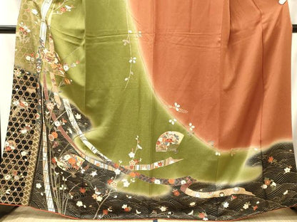 平和屋着物■訪問着　駒刺繍　流水扇面花文　暈し染め　金彩　正絹　逸品　CABM0890oy