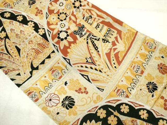 平和屋着物◎六通柄袋帯　人物花文　金糸　正絹　逸品　AABM1558od