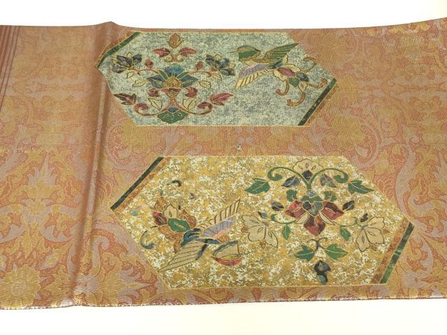 平和屋着物▼太鼓柄袋帯　螺鈿箔　向かい鳥更紗花文　金彩　正絹　逸品　DABJ1811az