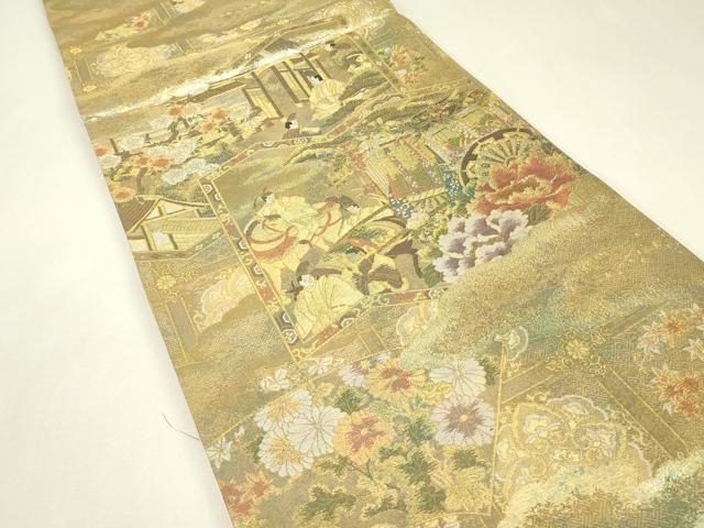 平和屋着物▼全景全通柄袋帯　御所車人物風景花文　金糸　正絹　逸品　DABJ1899az