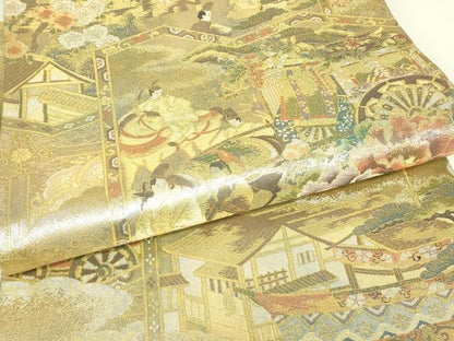 平和屋着物▼全景全通柄袋帯　御所車人物風景花文　金糸　正絹　逸品　DABJ1899az