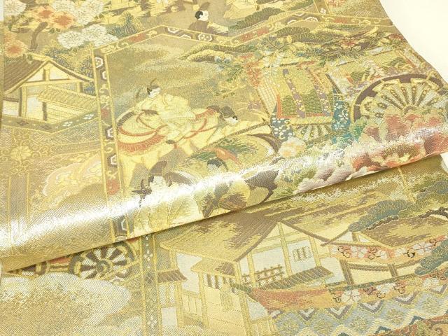 平和屋着物▼全景全通柄袋帯　御所車人物風景花文　金糸　正絹　逸品　DABJ1899az