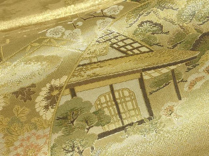 平和屋着物▼全通柄袋帯　風景花松文　金糸　正絹　逸品　DABJ1901az