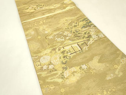平和屋着物▼全通柄袋帯　風景花松文　金糸　正絹　逸品　DABJ1901az