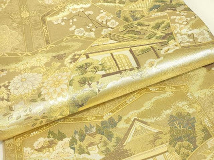平和屋着物▼全通柄袋帯　風景花松文　金糸　正絹　逸品　DABJ1901az