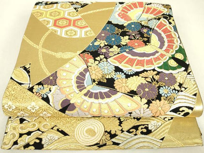 平和屋着物▼両面　六通柄袋帯　正倉院舞蝶花文　金糸　正絹　逸品　DABJ1893az