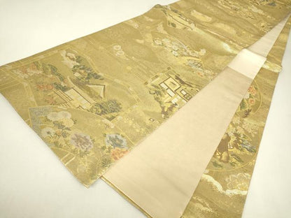 平和屋着物▼全通柄袋帯　風景花松文　金糸　正絹　逸品　DABJ1901az