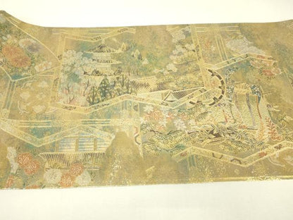 平和屋着物▼全景全通柄袋帯　御所車人物風景花文　金糸　正絹　逸品　DABJ1899az