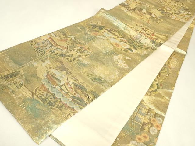 平和屋着物▼全景全通柄袋帯　御所車人物風景花文　金糸　正絹　逸品　DABJ1899az
