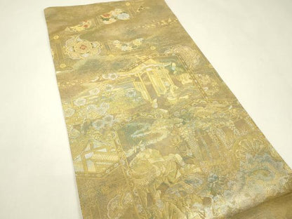 平和屋着物▼全景全通柄袋帯　御所車人物風景花文　金糸　正絹　逸品　DABJ1899az