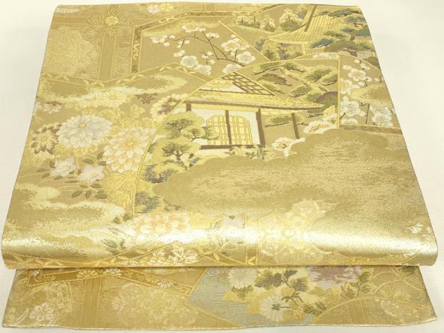 平和屋着物▼全通柄袋帯　風景花松文　金糸　正絹　逸品　DABJ1901az