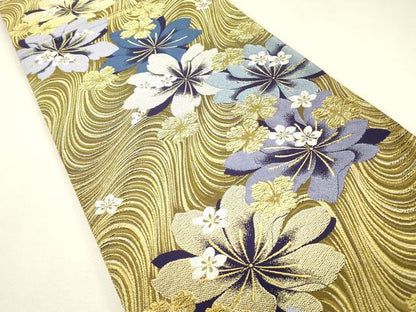 平和屋着物▼六通柄袋帯　流水花文　金糸　正絹　逸品　DABJ1887az