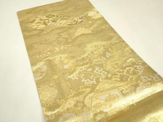 平和屋着物▼全通柄袋帯　風景花松文　金糸　正絹　逸品　DABJ1901az