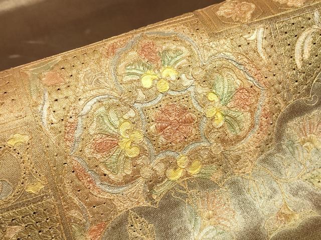 平和屋着物▼中国三大刺繍　スワトウ刺繍　汕頭刺繍　太鼓柄袋帯　駒刺繍　正倉院花文　金彩　正絹　逸品　DABJ1908az