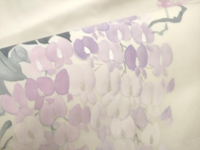 平和屋着物●塩瀬　九寸名古屋帯　手描き　藤花房　銀彩　正絹　逸品　CABM6096hy