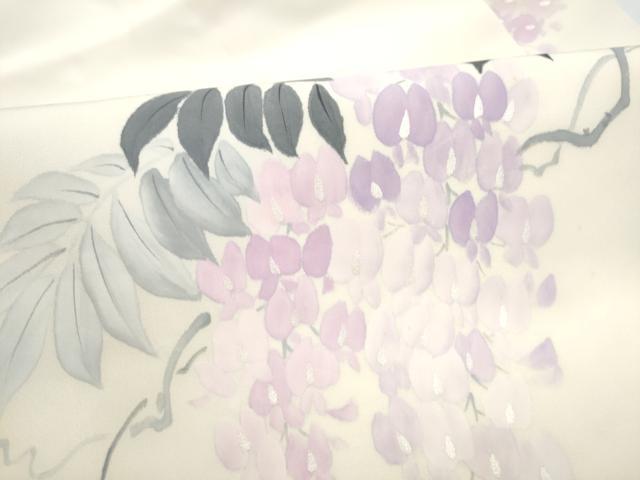 平和屋着物●塩瀬　九寸名古屋帯　手描き　藤花房　銀彩　正絹　逸品　CABM6096hy