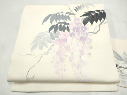 平和屋着物●塩瀬　九寸名古屋帯　手描き　藤花房　銀彩　正絹　逸品　CABM6096hy