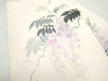 平和屋着物●塩瀬　九寸名古屋帯　手描き　藤花房　銀彩　正絹　逸品　CABM6096hy