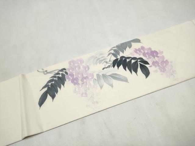 平和屋着物●塩瀬　九寸名古屋帯　手描き　藤花房　銀彩　正絹　逸品　CABM6096hy