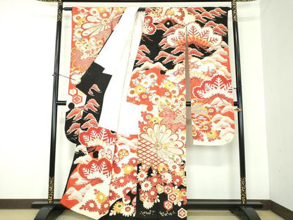 平和屋本店●アンティーク　大正ロマン　振袖　駒刺繍　吉祥花文　金彩　正絹　逸品　DABJ8229ps
