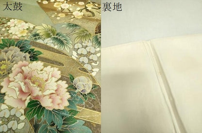 平和屋着物▼太鼓柄袋帯　地紙花文　金彩　引箔　正絹　逸品　DABJ8212ps