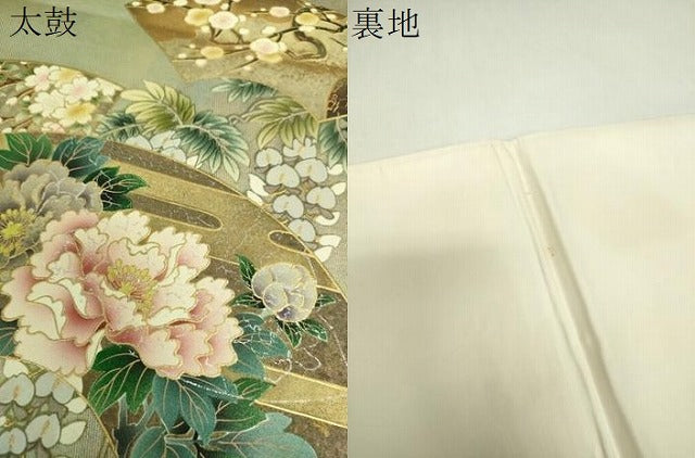 平和屋着物▼太鼓柄袋帯　地紙花文　金彩　引箔　正絹　逸品　DABJ8212ps