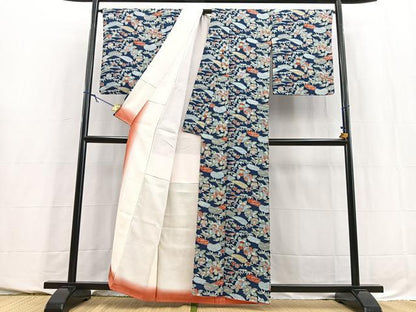 平和屋着物■上質な小紋　型染め　風景花文　正絹　逸品　BAAY5772yc